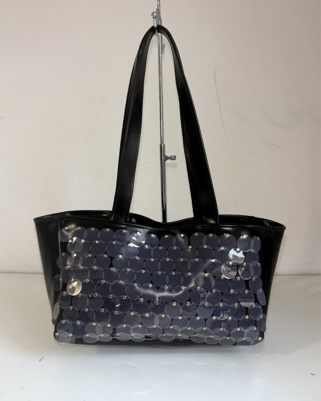 BLACK SEQUIN LEATHER SHOPPER BAG
