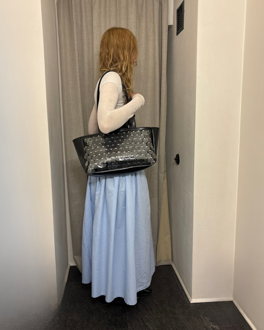 BLACK SEQUIN LEATHER SHOPPER BAG