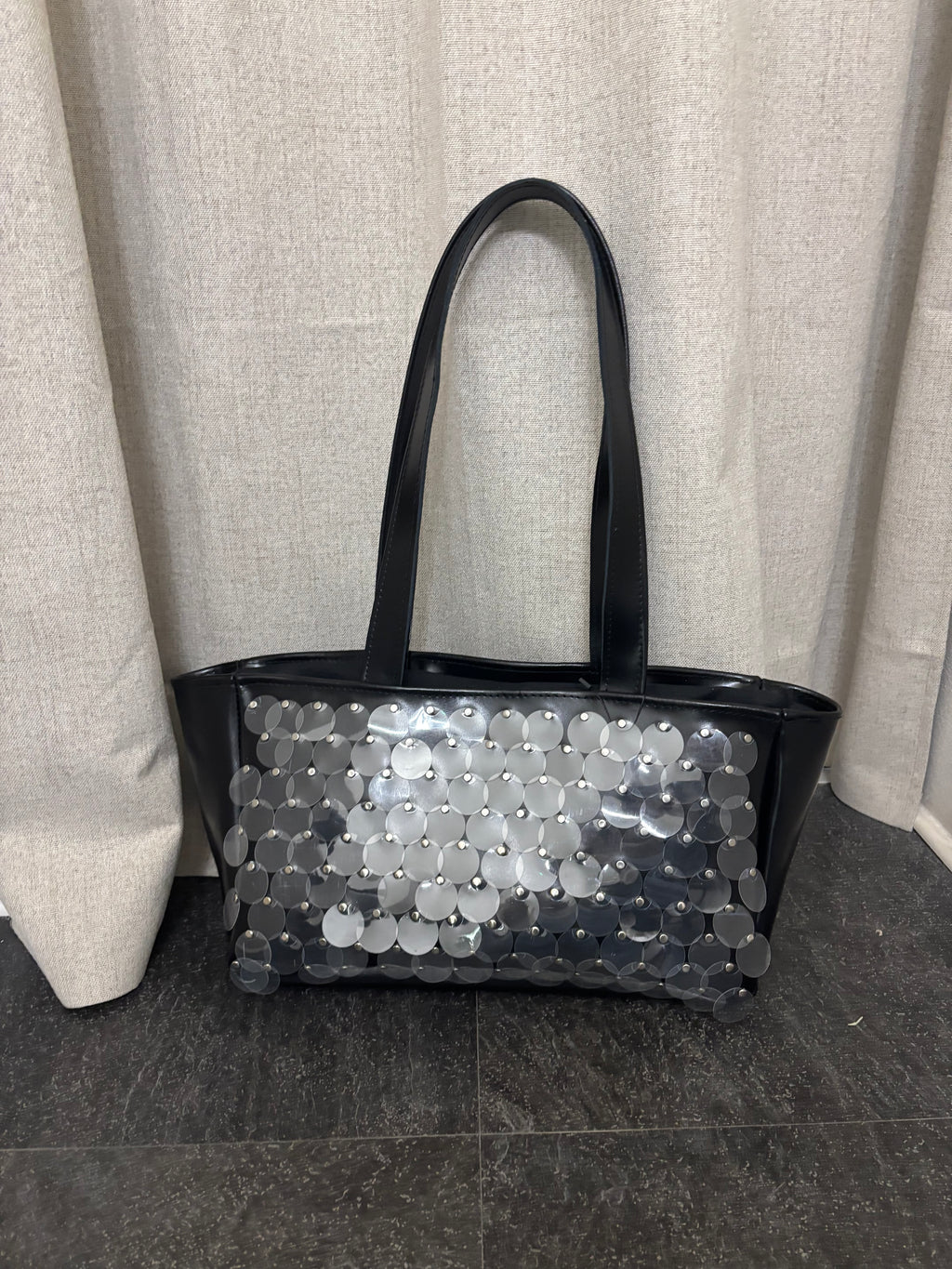 BLACK SEQUIN LEATHER SHOPPER BAG