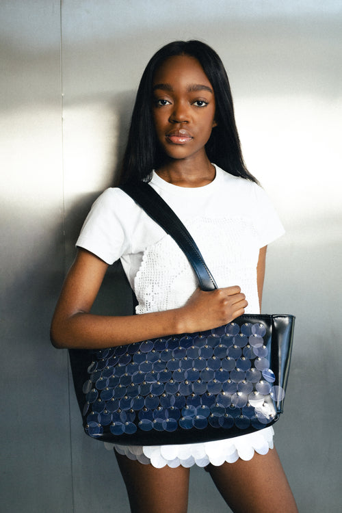 BLACK SEQUIN LEATHER SHOPPER BAG