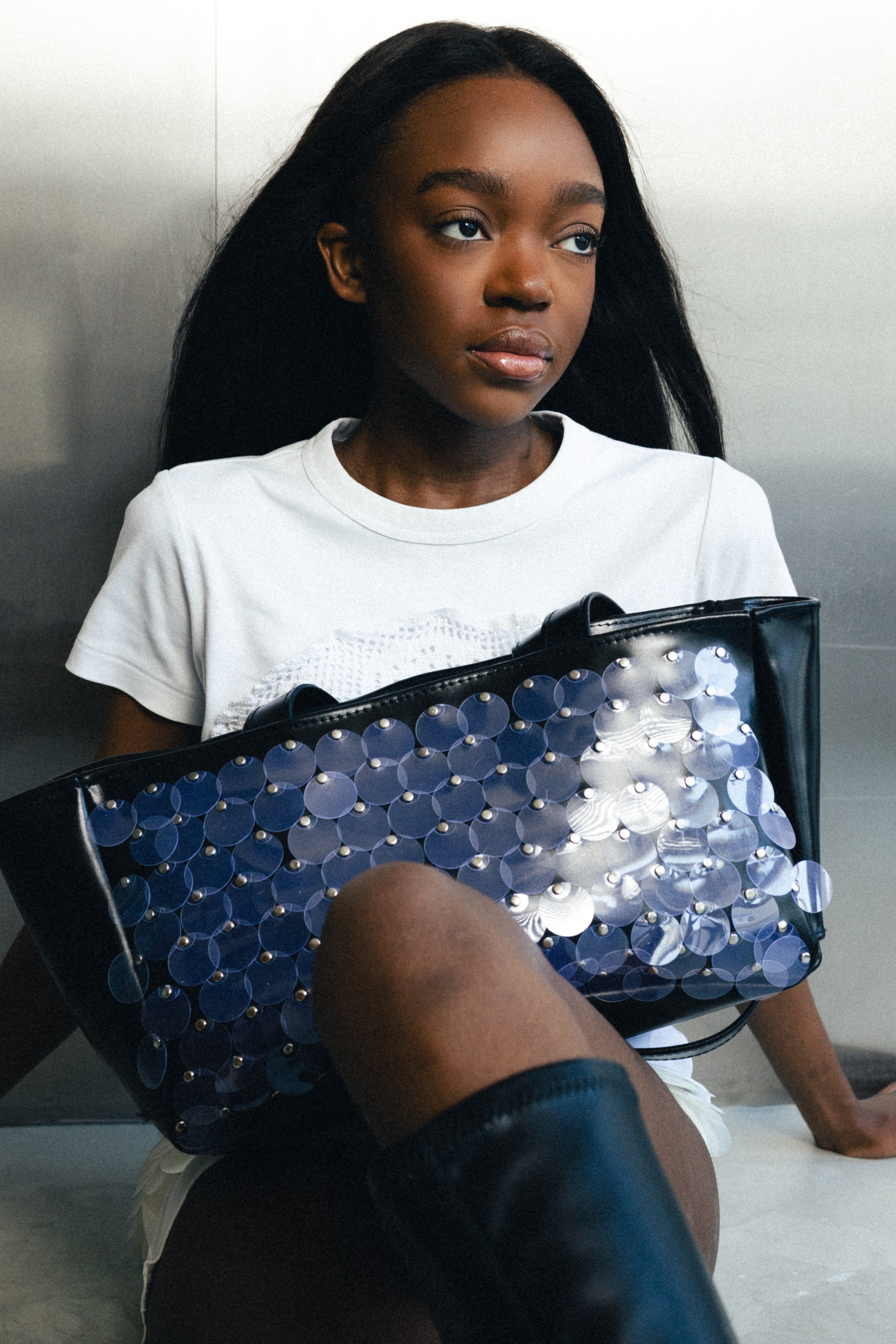BLACK SEQUIN LEATHER SHOPPER BAG