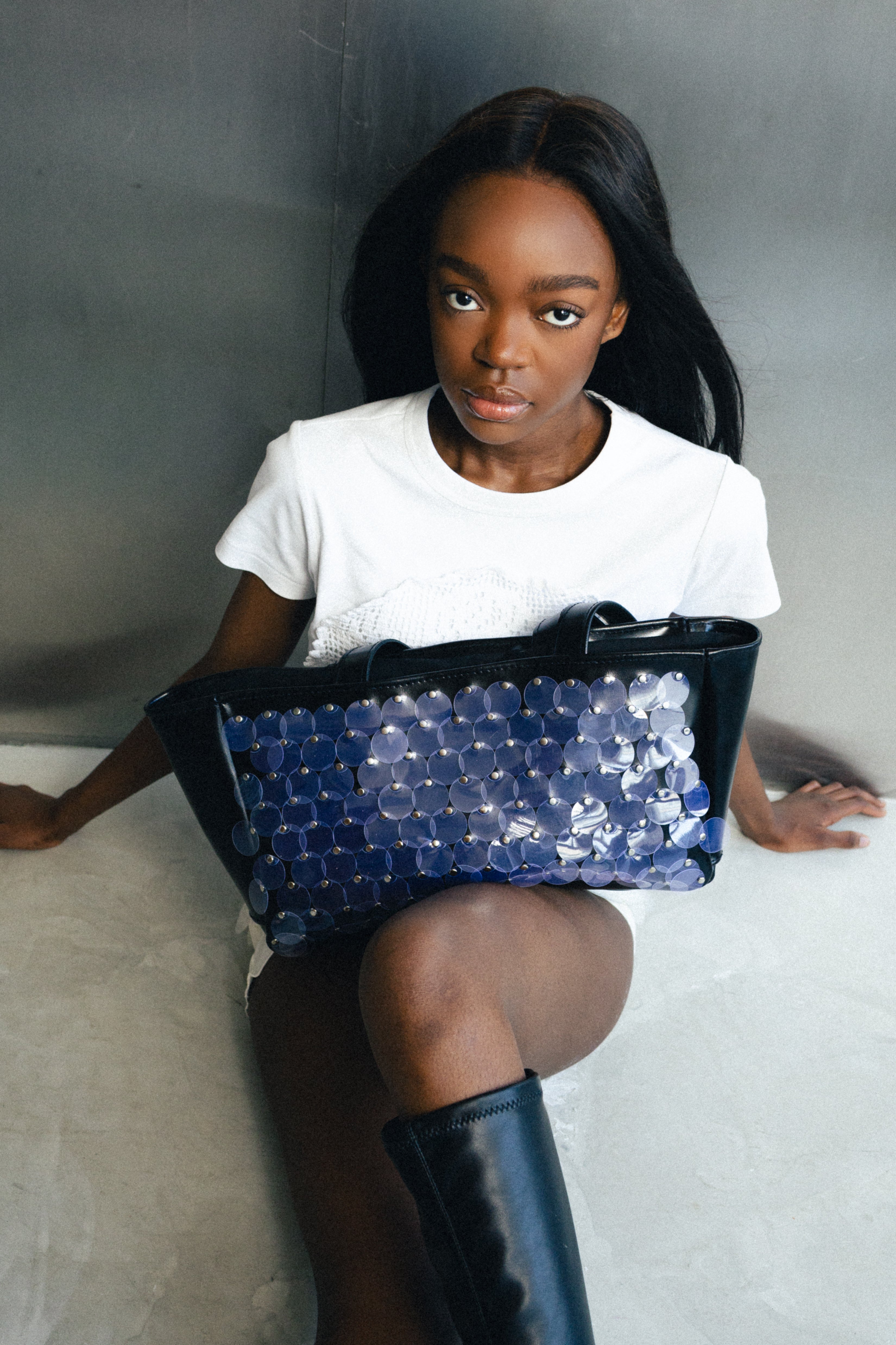 BLACK SEQUIN LEATHER SHOPPER BAG