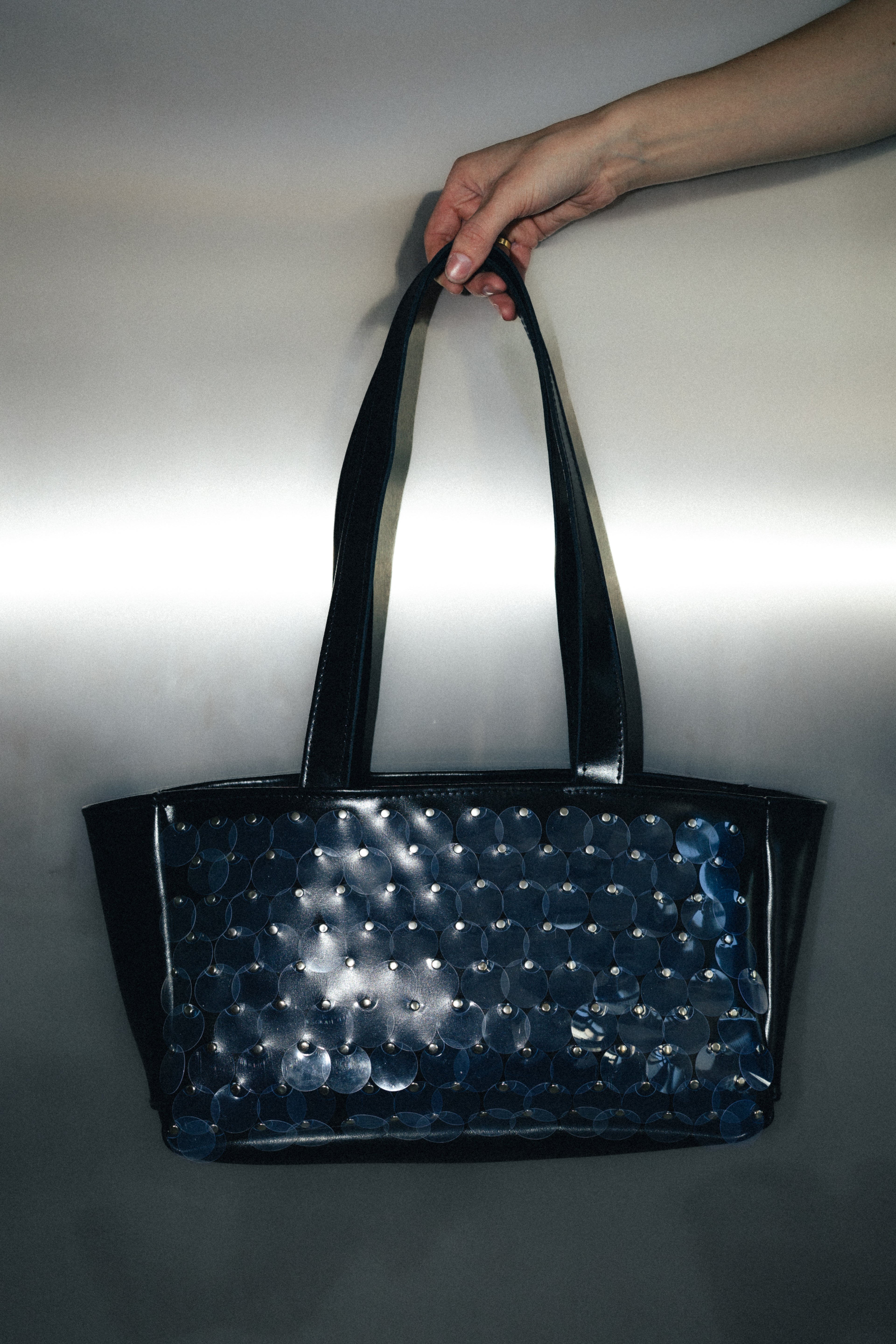 Black Sequin Leather Shopper Bag