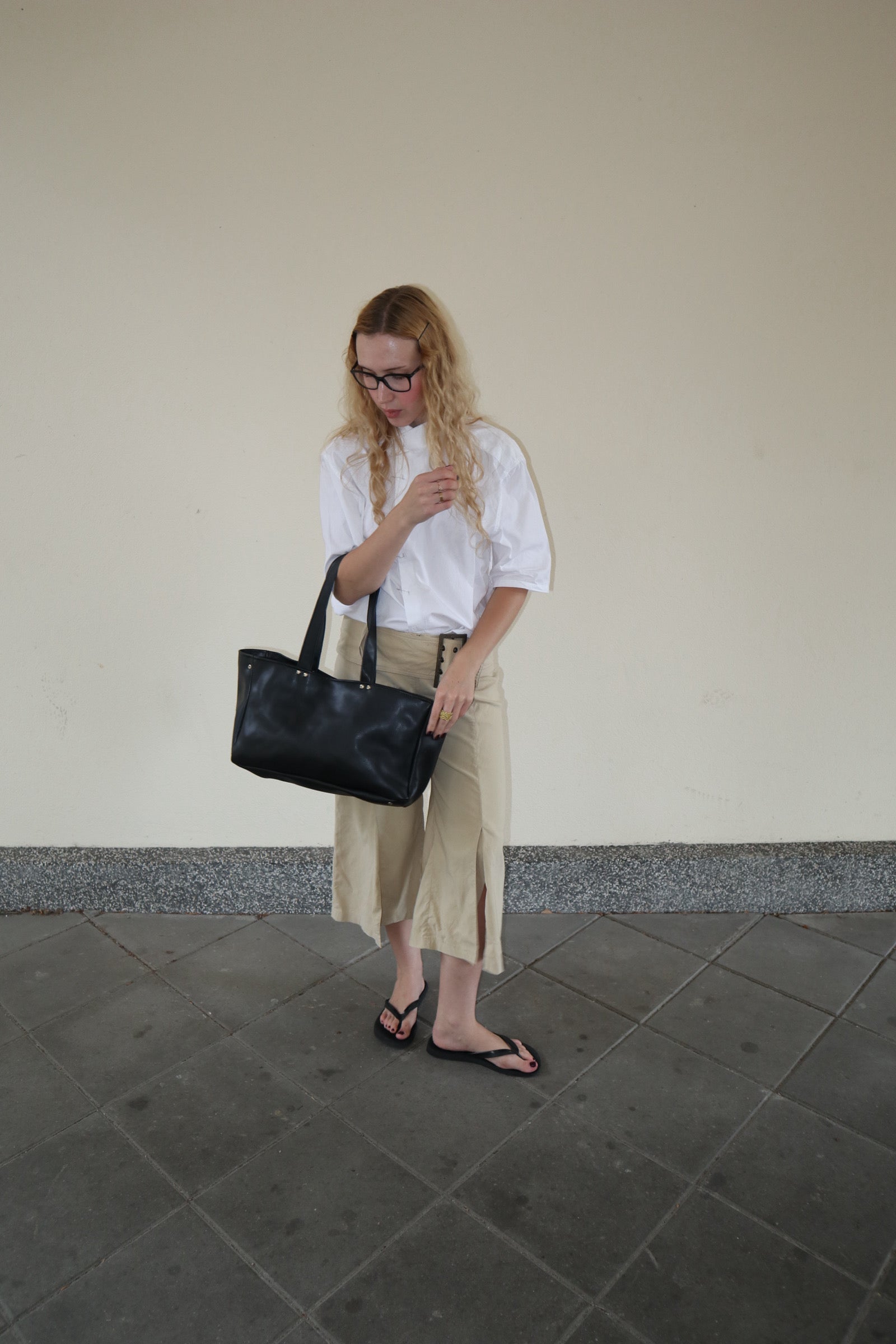 BLACK LEATHER SHOPPER BAG